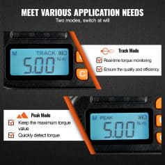 Digital torque meter display with tracking and peak modes for precision torque measurement.
