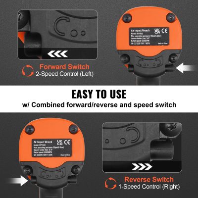 Air impact wrench with ergonomic design and easy-to-use controls, ideal for garage and mechanic workshops, featuring forward/reverse switches and speed control for efficient tire and bolt removal.