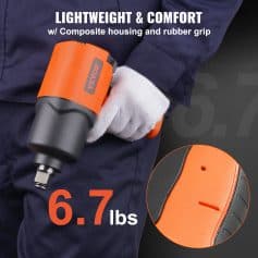 Lightweight portable air impact wrench with composite housing and rubber grip for easy handling and comfort.
