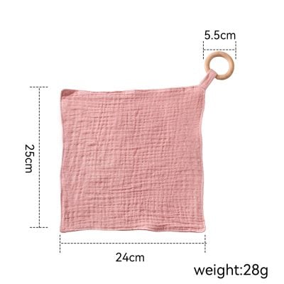 Soft pink cotton baby security blanket with a wooden ring, measuring 25cm by 24cm, lightweight and gentle for infants, ideal for comfort and sensory development.
