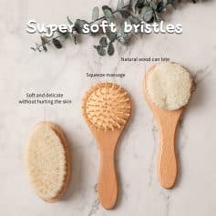 Soft brush for facial cleansing and exfoliation, featuring super soft bristles and natural wood handle for gentle skincare.