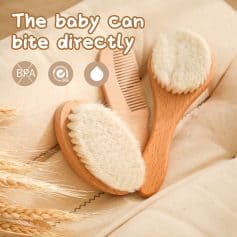 Soft baby massage brush with natural bristles and wooden handle, gentle for baby skin, ideal for delicate scalp care, and safe for newborns. Perfect for soothing and skincare routines.