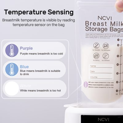 Temperature sensing breastmilk storage bags, easy to read temperature indicator for safe storage, with color codes for milk temperature, ideal for breastfeeding moms.
