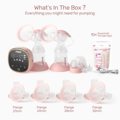 Breast pump set with milk storage bags, flanges in 21mm, 24mm, 28mm, and 32mm sizes, including tubing and electronic components for efficient breastfeeding support.