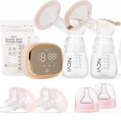 Breast pump set with dual electric breast pump, breast milk storage bags, and accessories for breastfeeding moms.