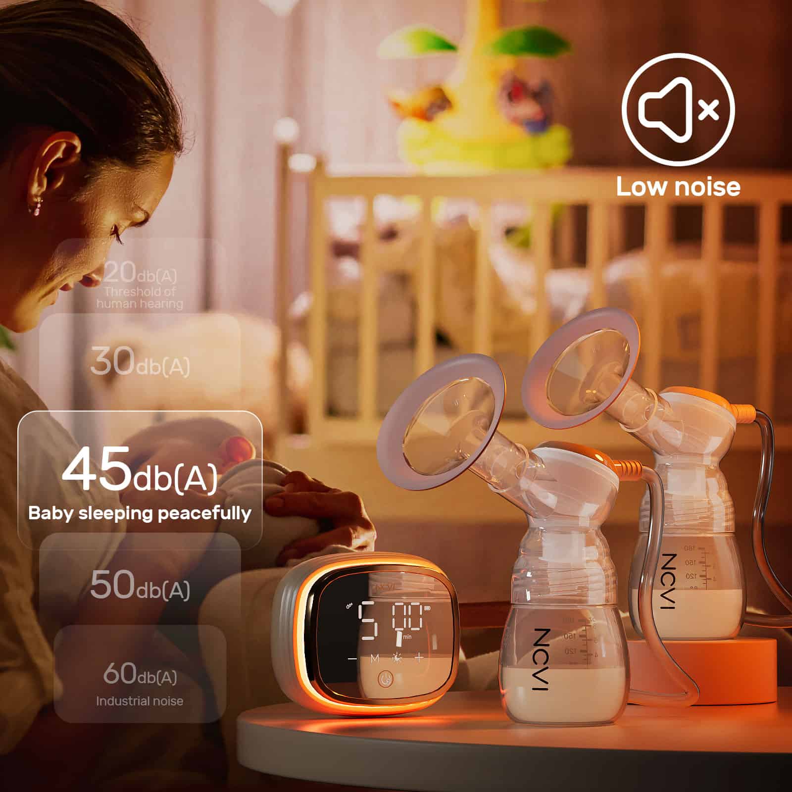 45dB(A) Baby sleeping peacefully at Monalisa Medical opt store with low noise breast pump equipment in the background.