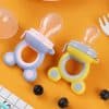 Baby bottle with soft silicone nipple on colorful animal-shaped holder, ideal for teething relief and babies' oral comfort, perfect for nursery and baby care.