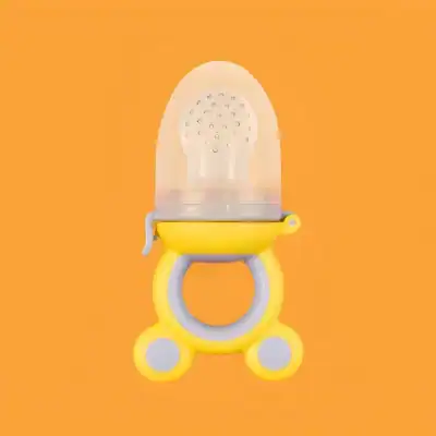Soft baby nasal aspirator with silicone tip on a yellow and orange background for gentle infant nasal suctioning.