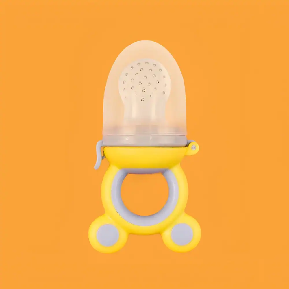 Soft baby nasal aspirator with silicone tip on a yellow and orange background for gentle infant nasal suctioning.