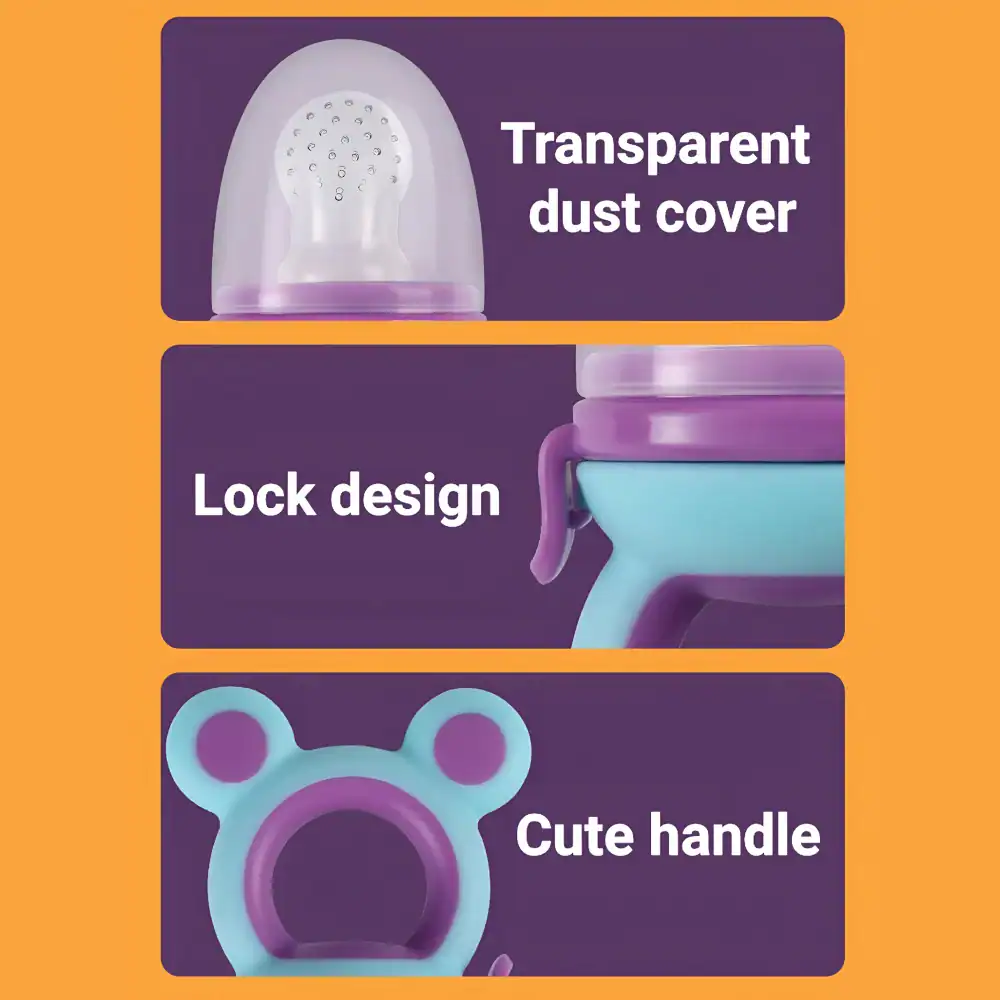 Flexible silicone baby food storage container with transparent dust cover, lock design, and cute handle - ideal for convenient, hygienic baby food storage.