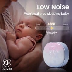 Baby sleeping peacefully with low noise sound machine for infants, noise level 45dB, quiet sleep aid, Monalisa Medical store.