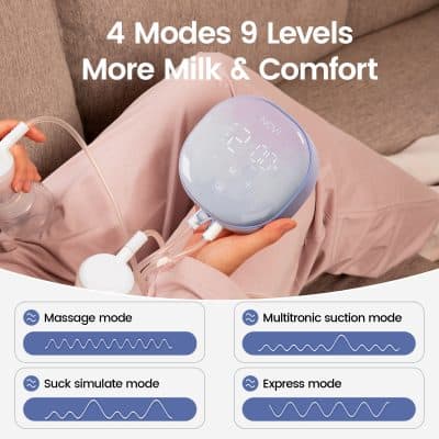 Portable breast pump with 4 modes and 9 levels, LCD display, for milk expression and breastfeeding comfort.