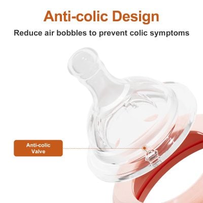 Silicone anti-colic valve on baby bottle to reduce air bubbles and prevent colic symptoms, promoting comfortable feeding for infants.