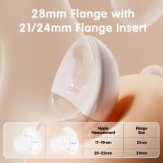 Silicone nipple shield with 28mm flange and optional 21mm or 24mm flange insert, used for breastfeeding support and nipple care.