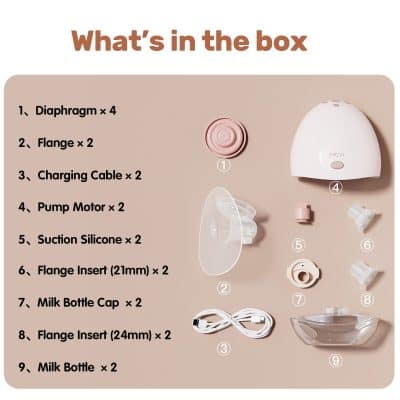 Silicone breast pump set components including diaphragms, flanges, charging cables, pump motors, silicone seals, flange inserts, milk bottle caps, and milk bottles for breastfeeding support.