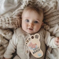 Adorable baby lying on cozy knit blankets, wearing a cute knitted vest, with a 