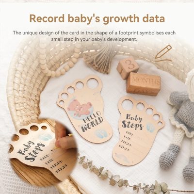 Soft baby footprint growth chart tags for tracking baby's age, height, weight; Cute nursery decor from Monalisa Store emphasizing baby milestones and developmental stages.