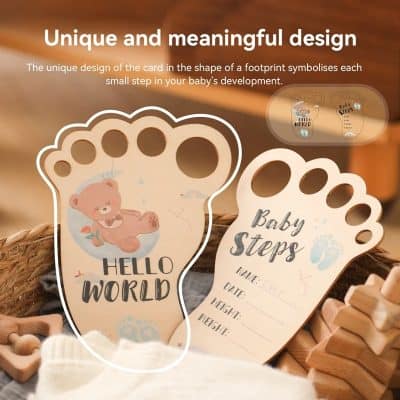 Cute baby footprint wooden sign for nursery, personalized with baby’s name, date, height, and weight, perfect for baby’s birth announcement or milestone decor.