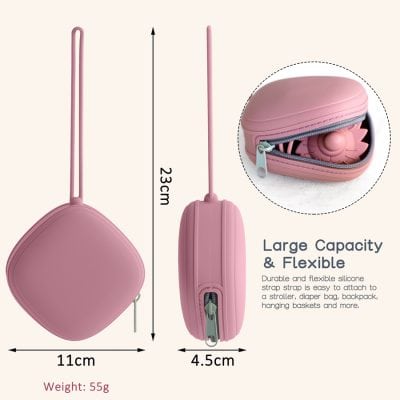 Pink silicone stroller chain case with a zipper, designed to hold small items, lightweight and flexible for easy attachment to strollers, diaper bags, backpacks, and hanging baskets for moms and kids.