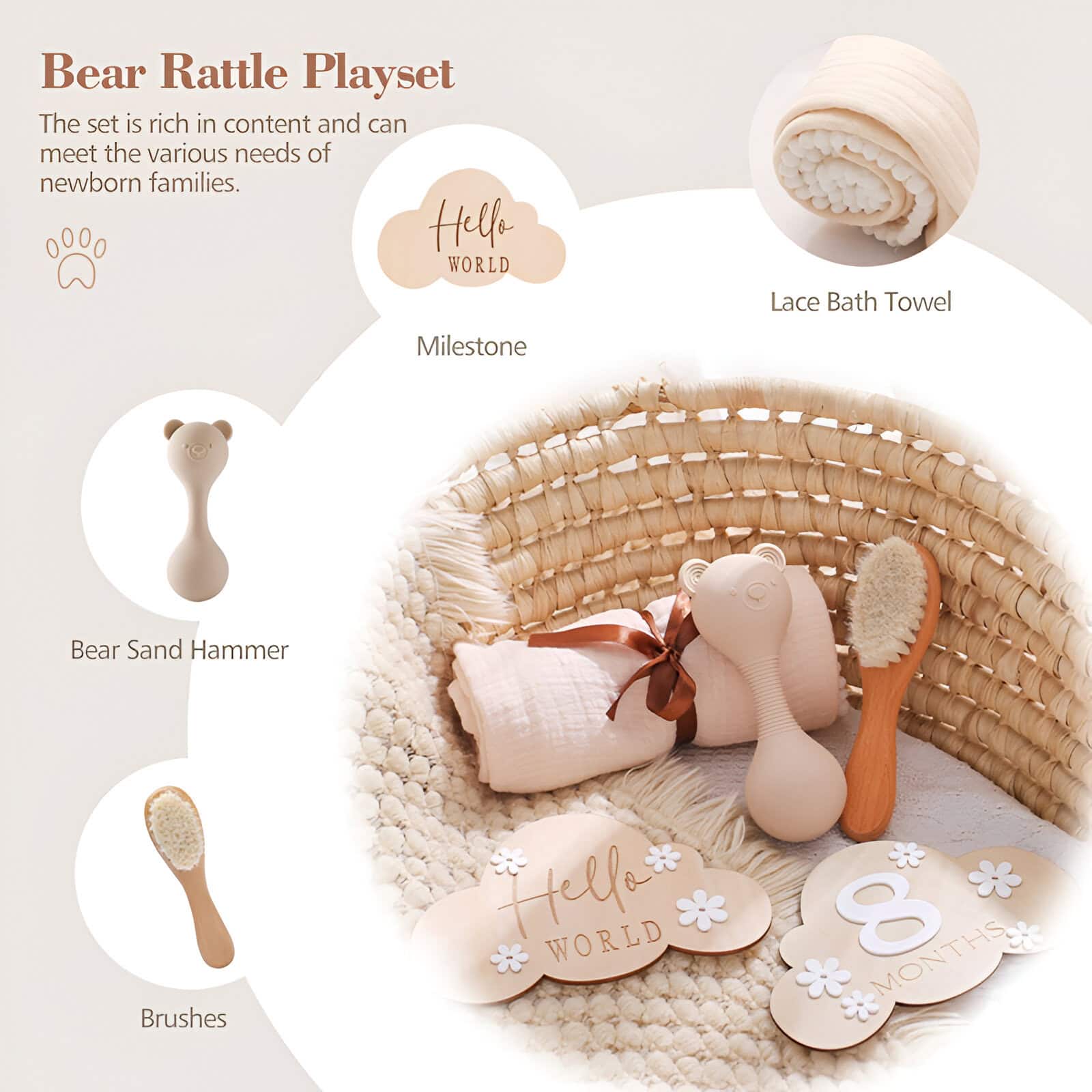Soft beige and blush baby bath accessories including a lace bath towel, bear sand hammer, brushes, and decorative cloud and milestone signs, perfect for newborn care and nursery decor.
