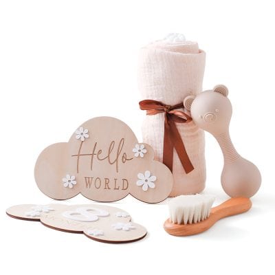 Soft pink baby gift set with plush towel, wooden