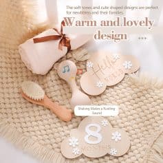 Soft baby grooming tools and toys for newborn care, including brushes and musical toys, designed to promote gentle infant grooming and sensory development.