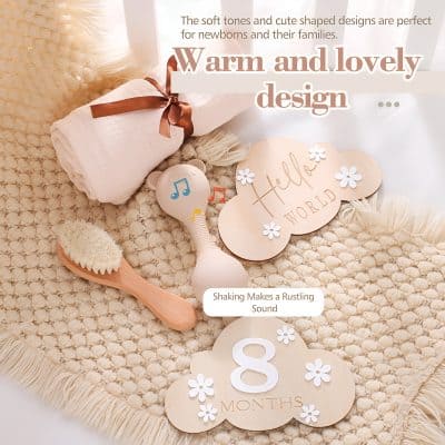 Soft baby grooming tools and toys for newborn care, including brushes and musical toys, designed to promote gentle infant grooming and sensory development.