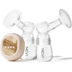 Silicone breast pump set with flanges, bottles, and electronic control for comfortable and efficient breast milk expression.