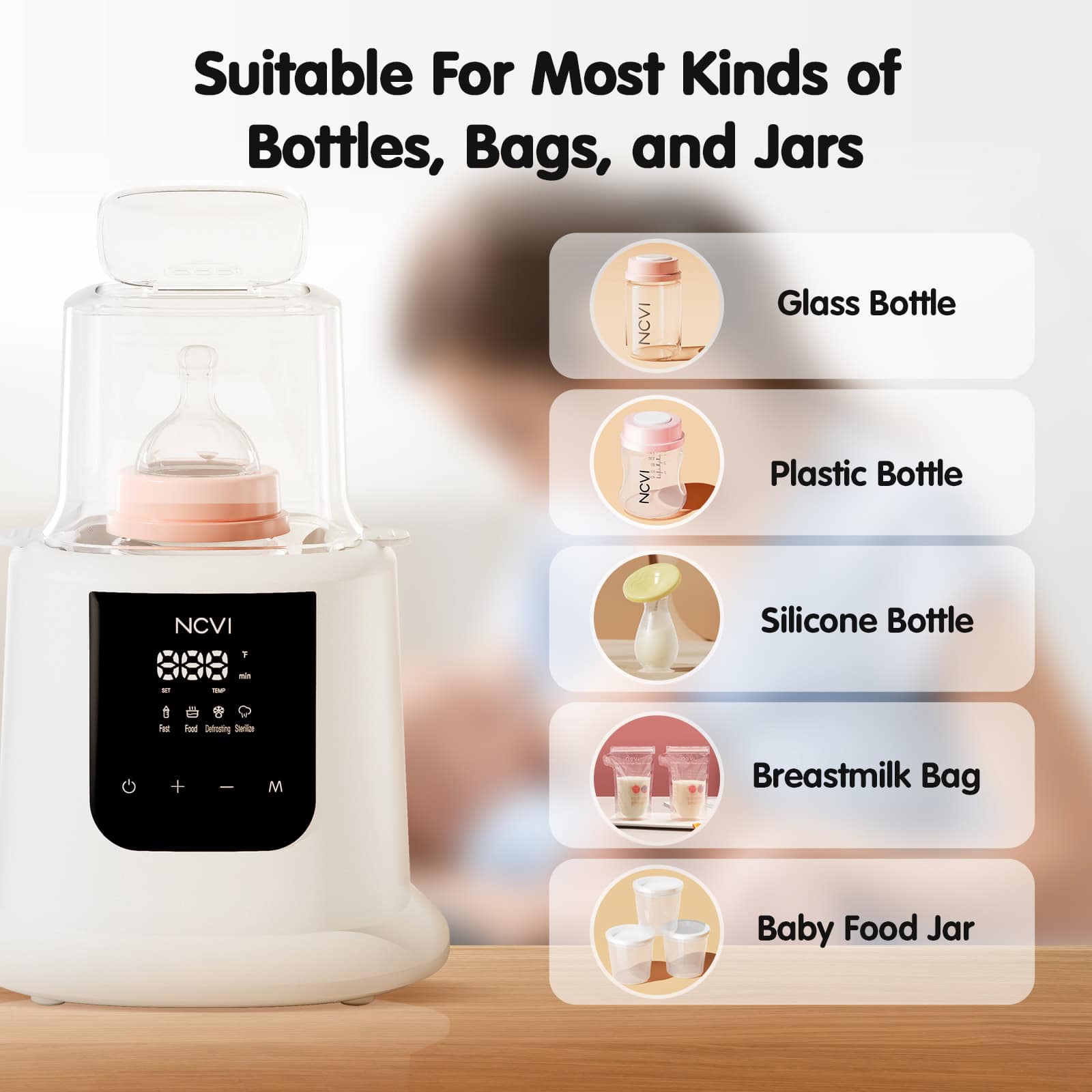 Silicone baby bottle on Medela breast pump display.