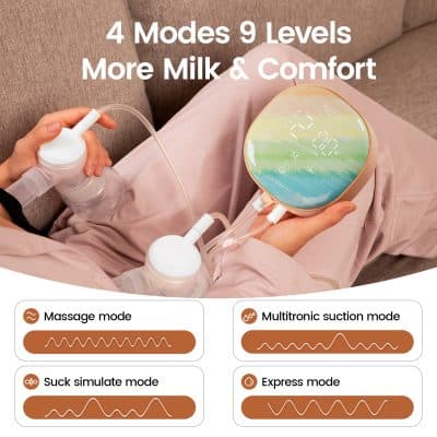 4-in-1 breast pump with adjustable suction modes for optimal comfort, featuring 9 levels and multiple massage options, designed for efficient milk expression and ease of use.