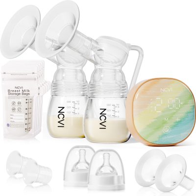 Silicone breast pump set with storage bags and digital timer, ideal for breastfeeding mothers seeking convenient and efficient milk expression solutions.