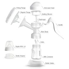 Disassembled breast pump parts including flange, bottle, valves, silicone sealing, and handle, ideal for breastfeeding and milk expression at Monalisa Store.