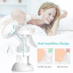 Breast pump with anti-backflow design highlighting milk hygienically expressed, featuring a woman and child enjoying bonding time.