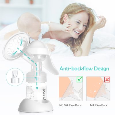 Breast pump with anti-backflow design highlighting milk hygienically expressed, featuring a woman and child enjoying bonding time.