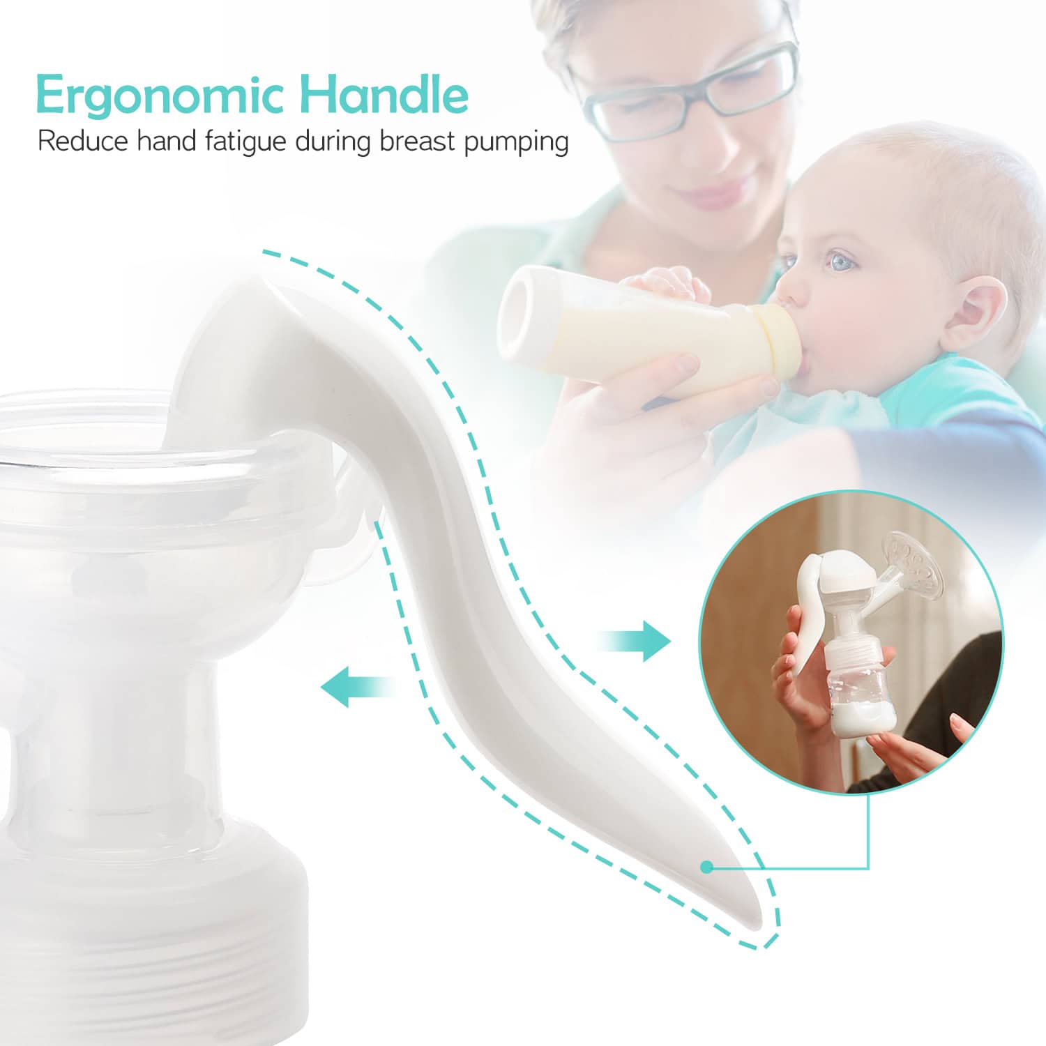 Ergonomic breast pump handle designed to reduce hand fatigue during breastfeeding sessions. Perfect for comfortable and efficient milk expression.
