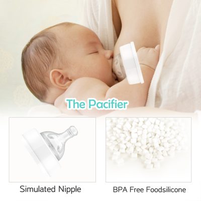 Silicone baby pacifier with BPA-free food-grade silicone and simulated nipple, designed for infant comfort and safety.
