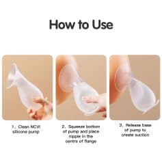 Silicone breast pump demonstrating proper use for breast milk extraction, with step-by-step instructions for cleaning, squeezing, and releasing; ideal for breastfeeding mothers.