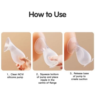 Silicone breast pump demonstrating proper use for breast milk extraction, with step-by-step instructions for cleaning, squeezing, and releasing; ideal for breastfeeding mothers.