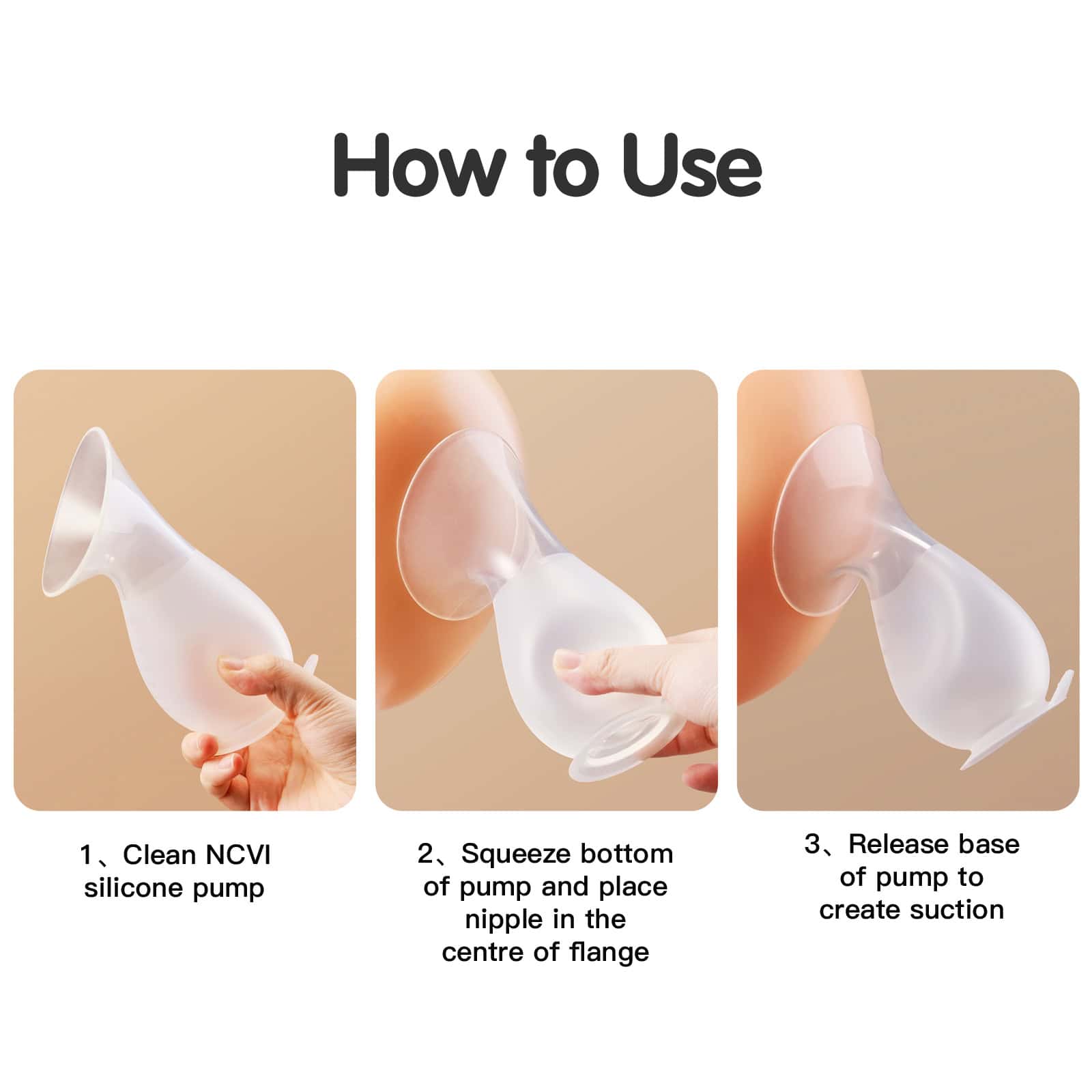 Silicone breast pump demonstrating proper use for breast milk extraction, with step-by-step instructions for cleaning, squeezing, and releasing; ideal for breastfeeding mothers.