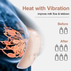 Silicone breast massage device for improving milk flow, reducing buildup, and promoting letdown with vibrating heat therapy.