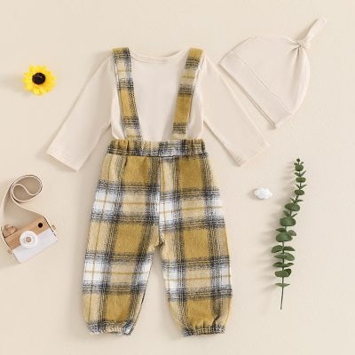 Cute baby outfit with plaid suspender pants, long-sleeve shirt, and soft beanie hat, perfect for newborns and infants. Ideal for photos, gifts, and everyday wear for babies.