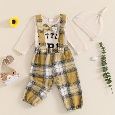 Soft baby clothing set including a cream long-sleeve shirt with bow tie and plaid suspenders, checkered pants, and a matching hat, perfect for stylish infant wear and special occasions.