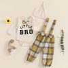 Cute baby clothing set with "Little Bro" graphic onesie, plaid suspenders pants, matching hat, and accessories for infant boys or girls. Perfect for toddler fashion and gift ideas.