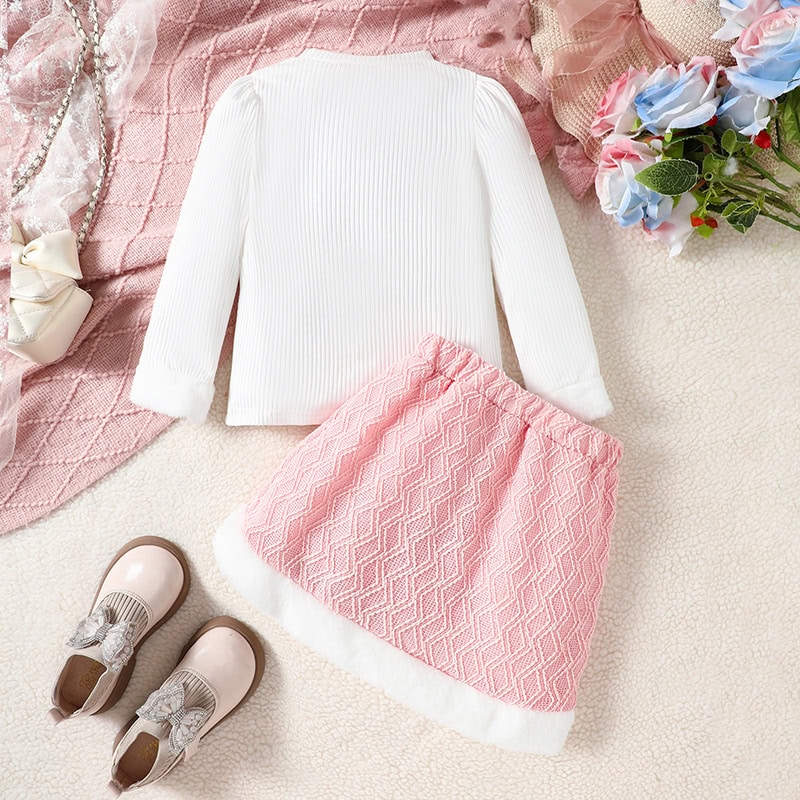 Soft pink knit skirt and white ribbed sweater set for girls, elegant and cozy clothing from Monalisa Medical's online store, perfect for stylish children's wear and fashion accessories.
