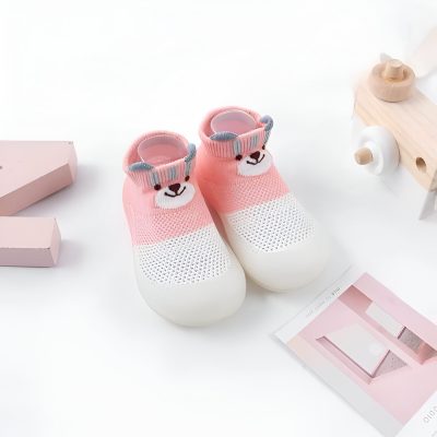 Cute pink children's sneakers with bear face design, breathable mesh upper, suitable for toddler kids, available at Monalisa Store for stylish and comfortable footwear.