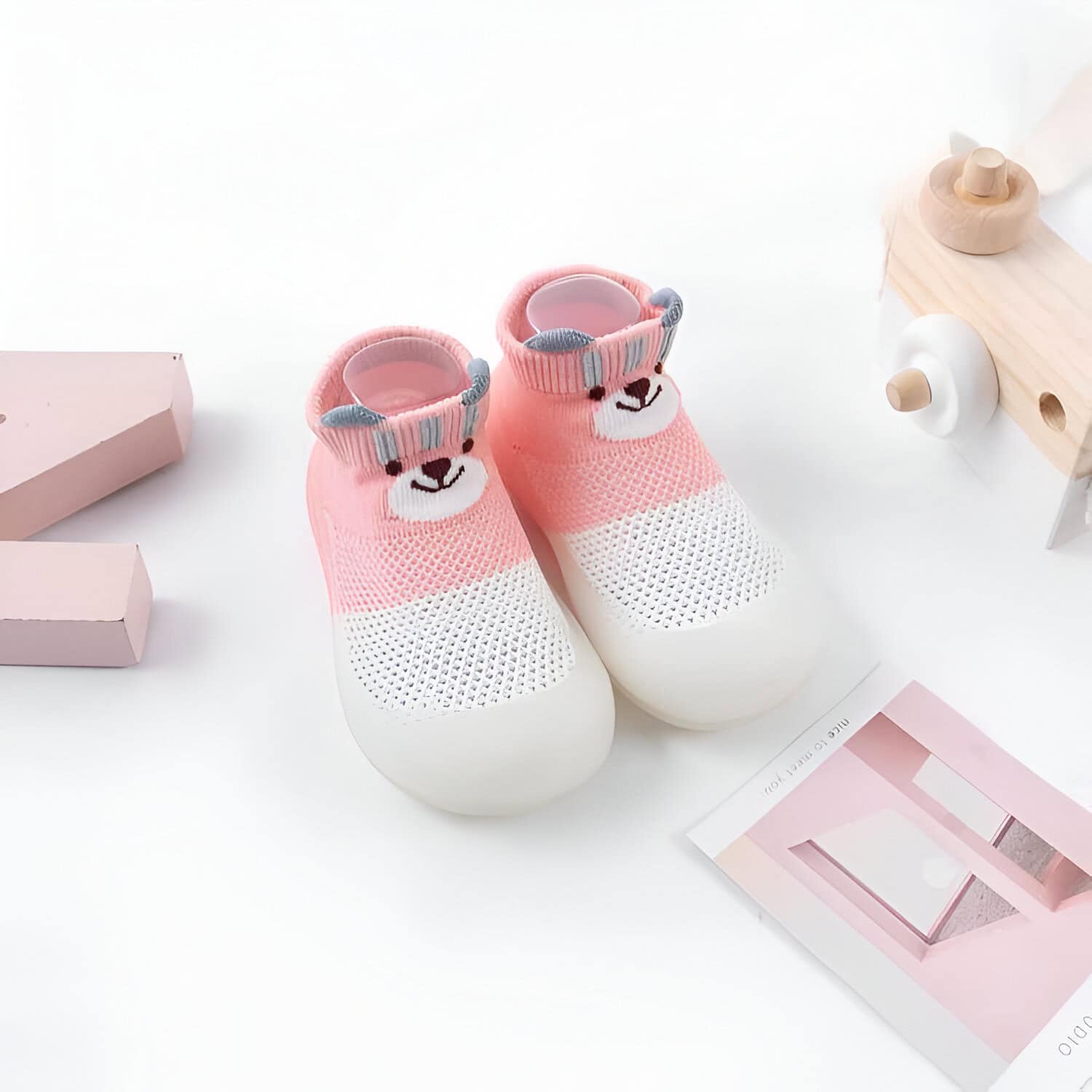 Cute pink children's sneakers with bear face design, breathable mesh upper, suitable for toddler kids, available at Monalisa Store for stylish and comfortable footwear.