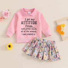 Cute girls' sweatshirt and floral skirt set, perfect for fashionable kids' clothing from Monalisa Store. Comfortable, trendy, and ideal for spring or summer outfits.