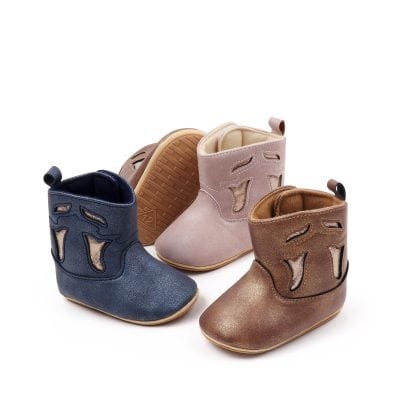 Soft leather baby shoes in navy, pink, and tan with stylish cut-out designs, perfect for infants and toddlers. Comfortable, durable, and fashionable footwear from Monalisa Store.