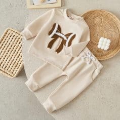Soft beige toddler sweatshirt and pants set with a bow design, perfect for children’s casual and comfortable wear, from Monalisa Store.