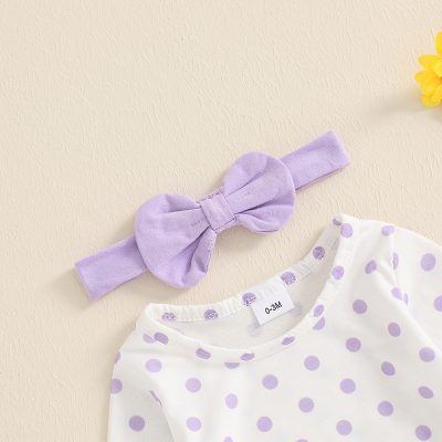 Lavender baby headband with bow and white onesie with purple polka dots for infants 0-3 months, adorable and comfortable ultrasoft baby clothing accessories for girls and boys.